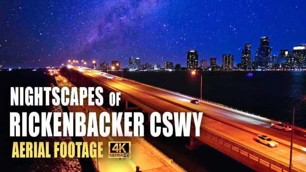 Aerial Elegance: Capturing the Night Essence of Rickenbacker Causeway after sunset 🎶✨🌃